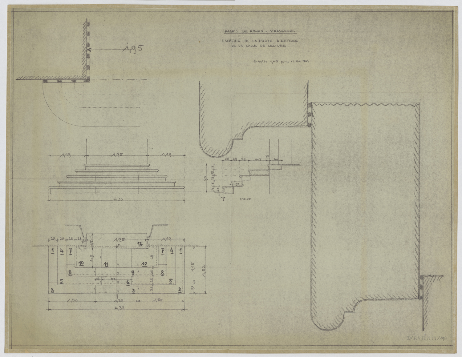 Salle de lecture, plan, élévation détail et profils des marches de l’escalier du perron.