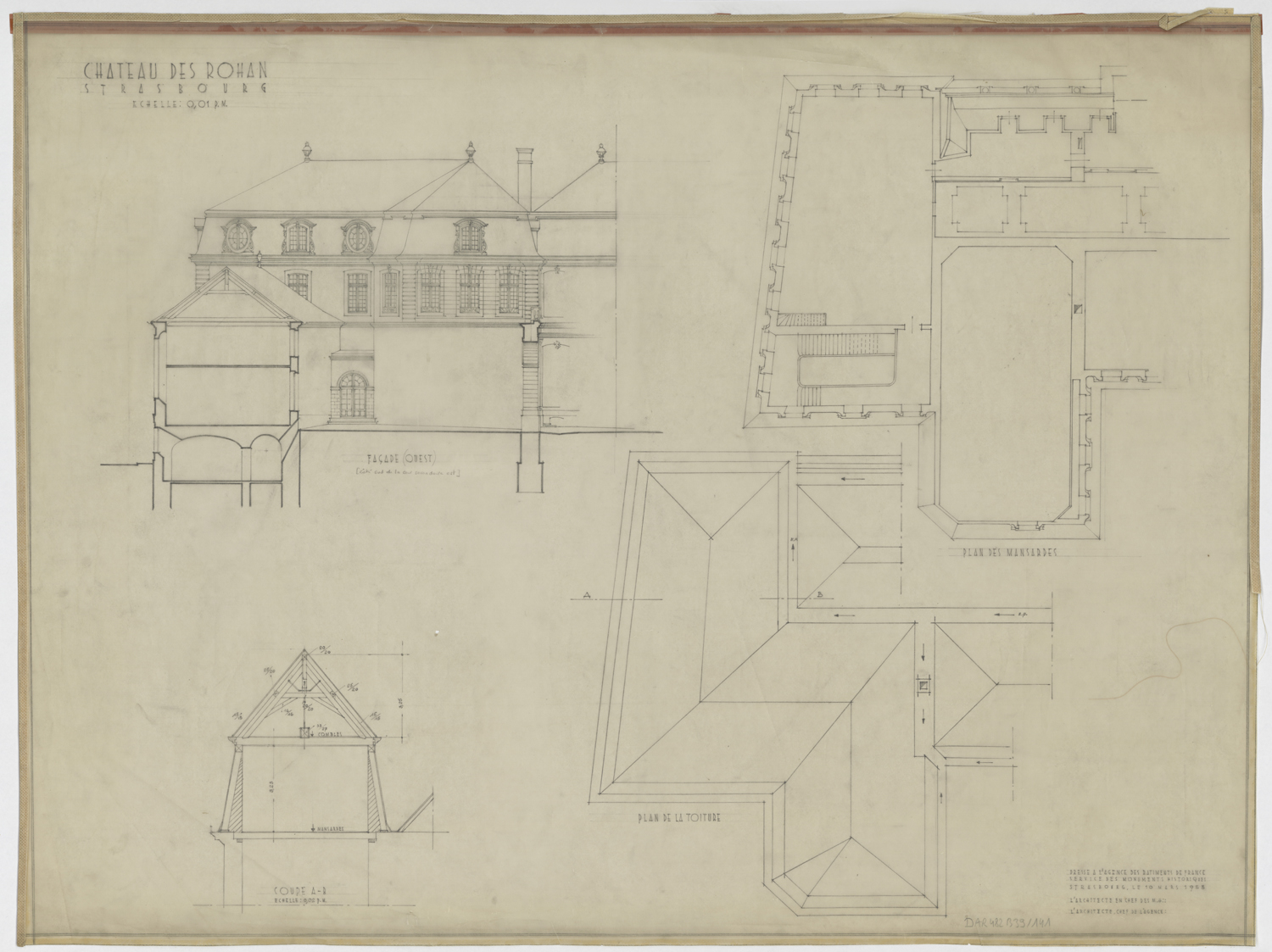 Façade ouest, plan de masse de l’étage mansardé, plan de la toiture, élévation sur la cour et coupe.