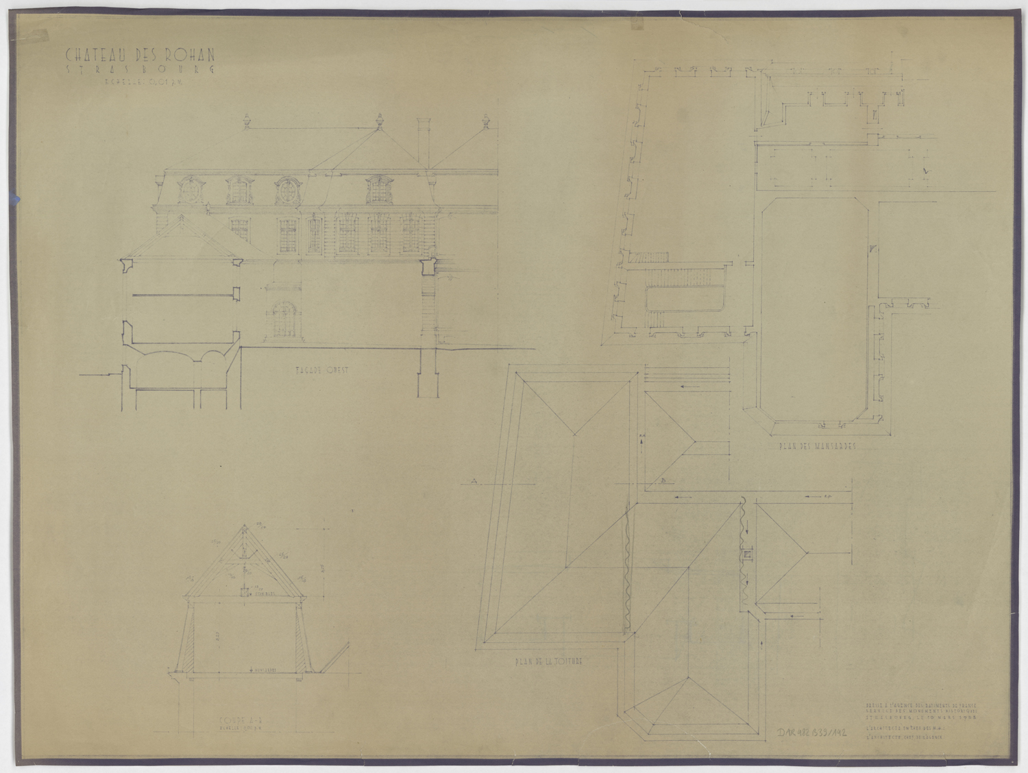 Façade ouest, plan de masse de l’étage mansardé, plan de la toiture, élévation sur la cour et coupe.