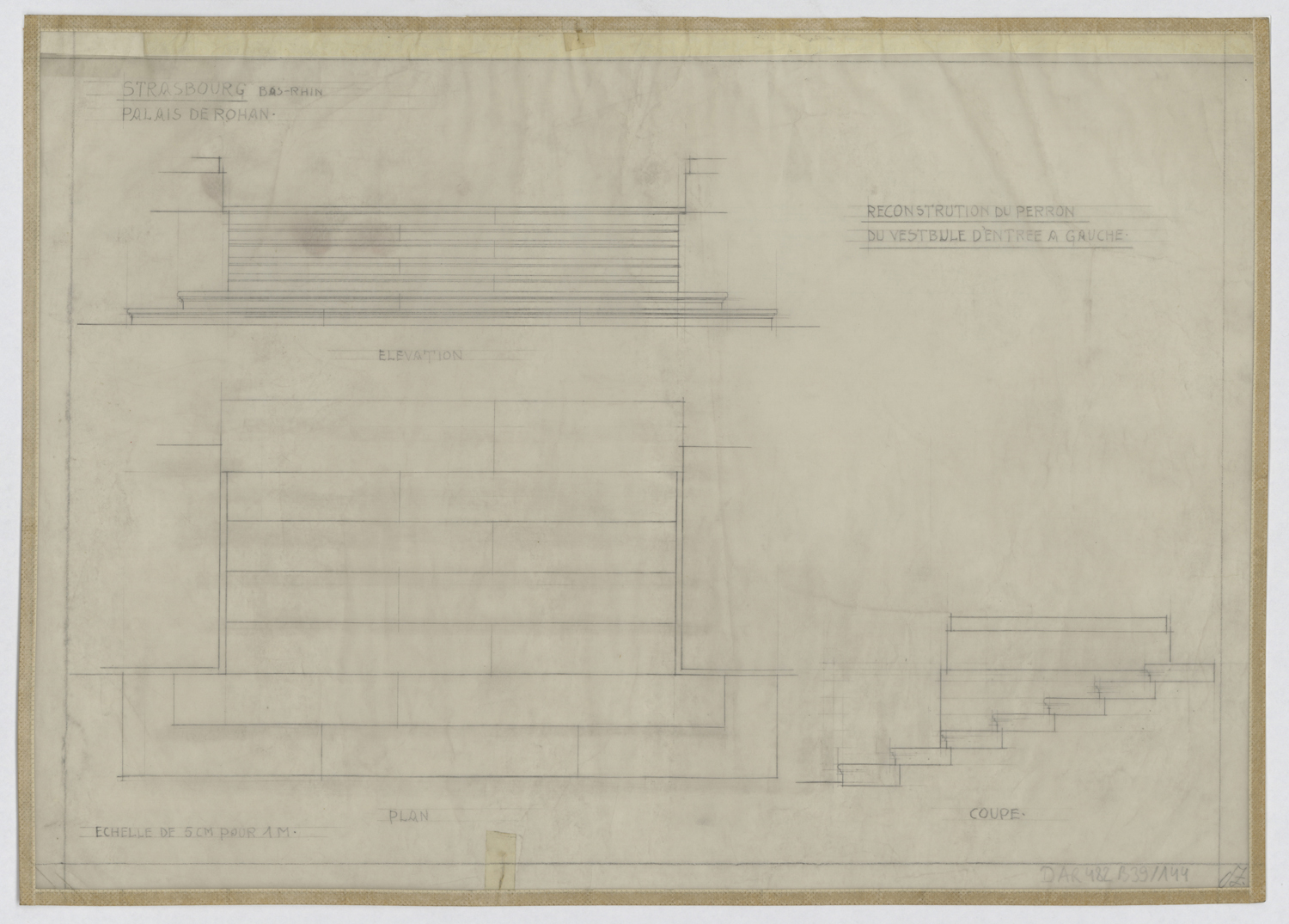 Reconstruction du perron du vestibule d’entrée est, plan, élévation et coupe.