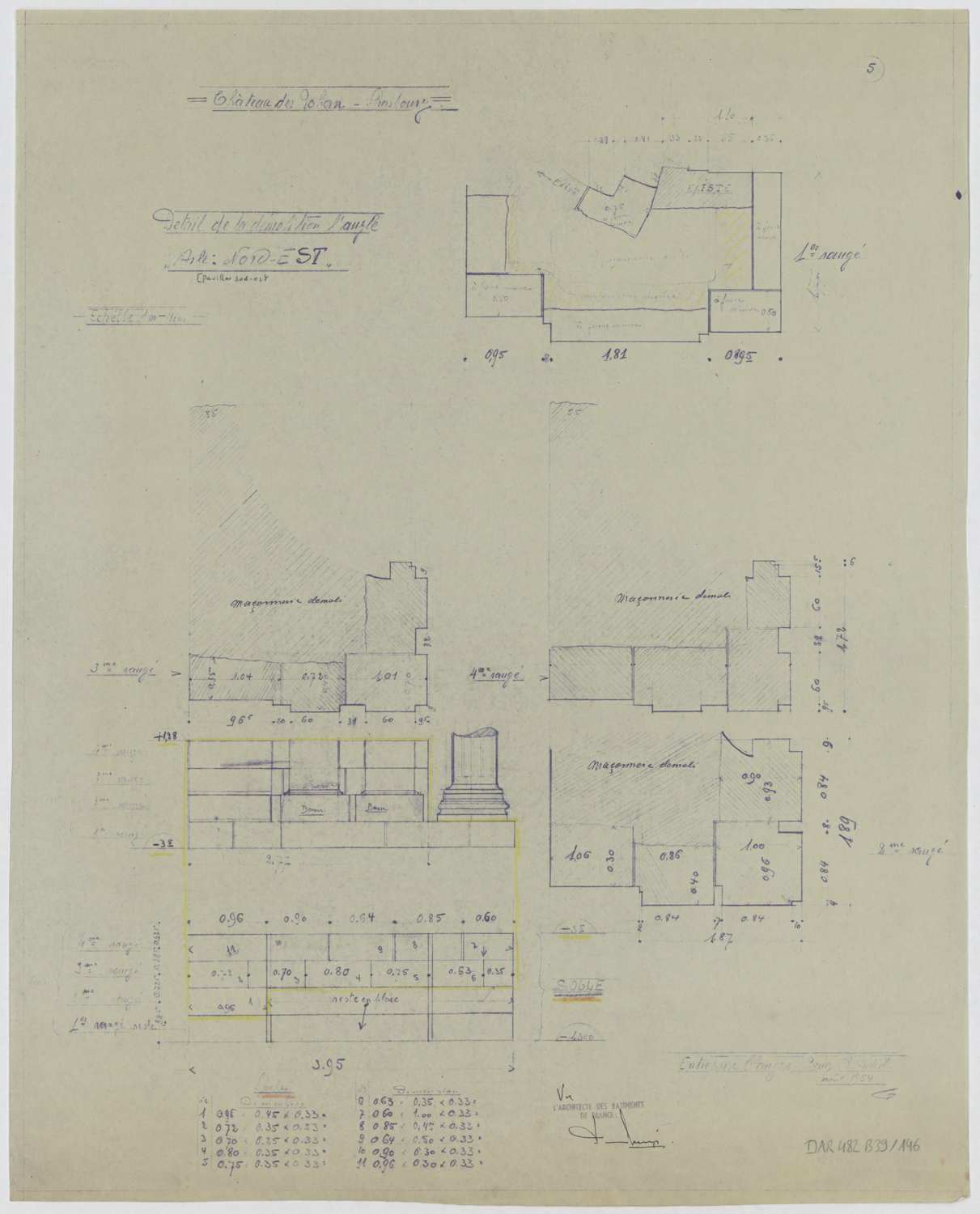 Démolition de l’angle nord-est du pavillon sud-est, élévations et détails. 