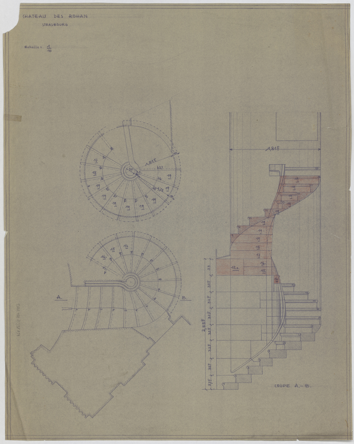 Pavillon sud-est, plan de masse et coupe de l’escalier de l’angle sud-ouest.