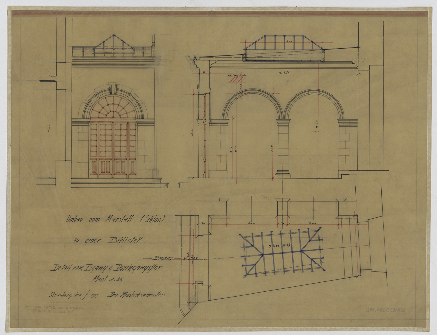 Passage depuis la cour secondaire est vers le corps de logis, plan, élévation et coupe.