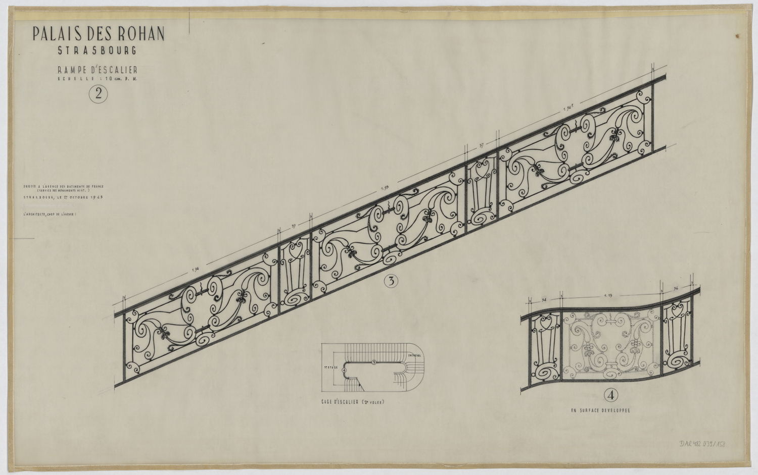 Escalier d’honneur, plan de masse de la deuxième volée et détails de la rampe en fer forgé.