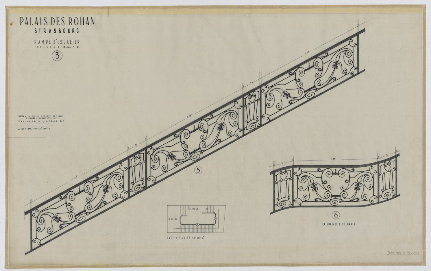 Escalier d’honneur, plan de masse de la troisième volée et détails de la rampe en fer forgé.