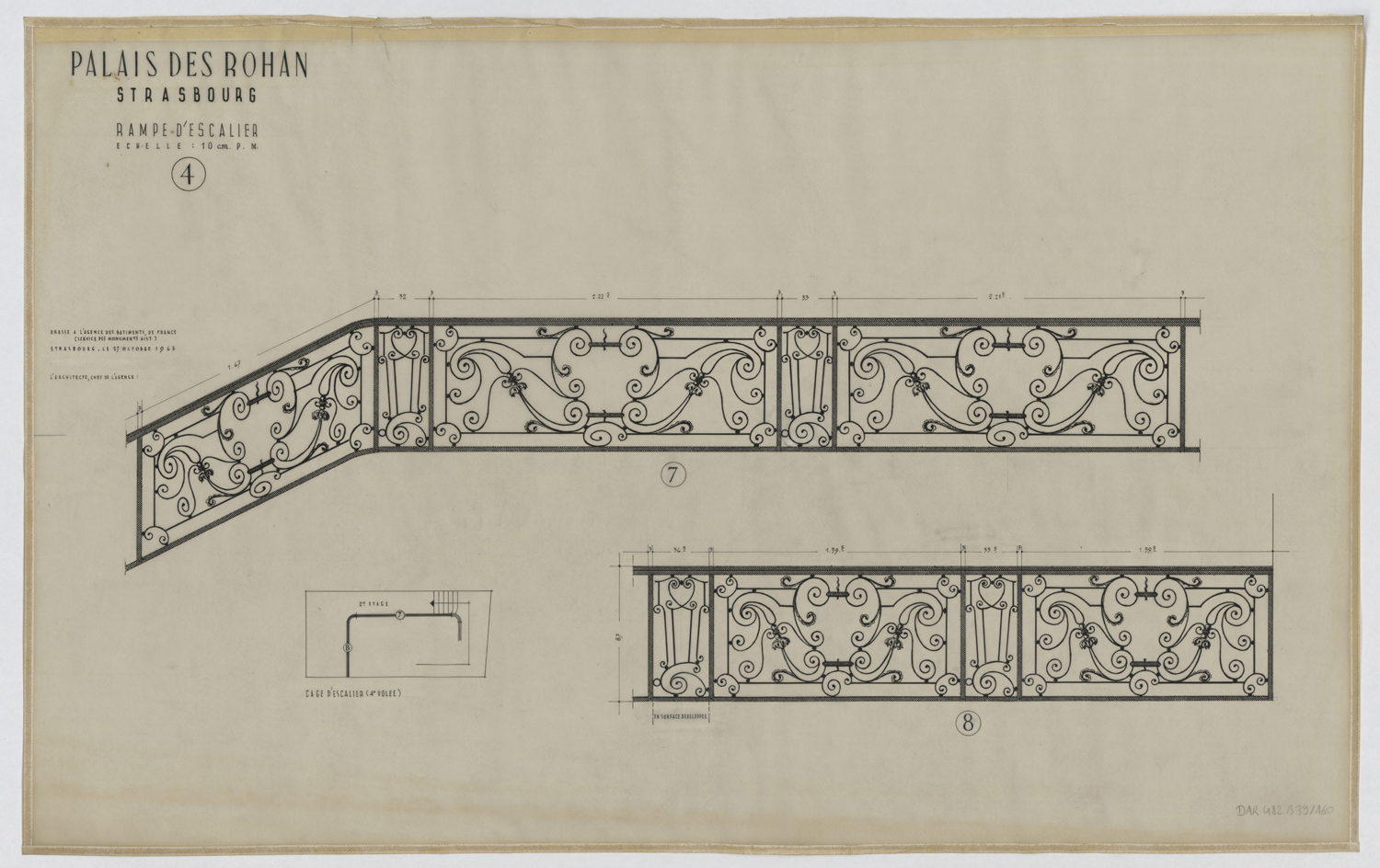 Escalier d’honneur, plan de masse de la quatrième volée et détails de la rampe en fer forgé.