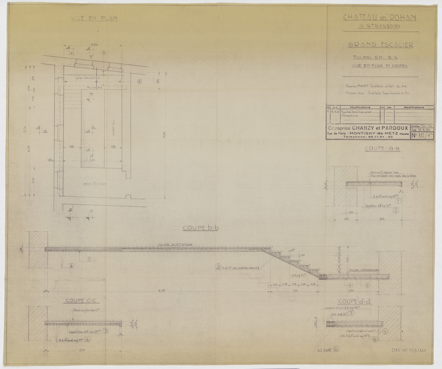 Escalier d’honneur, plan de masse, coupe et détails.