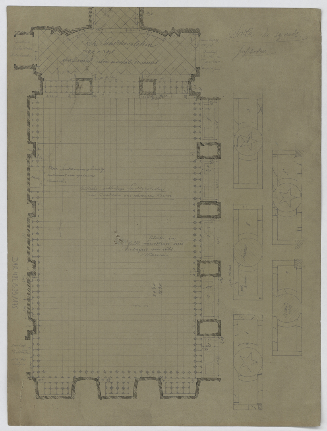 Salle des gardes, plan et détail du dallage.