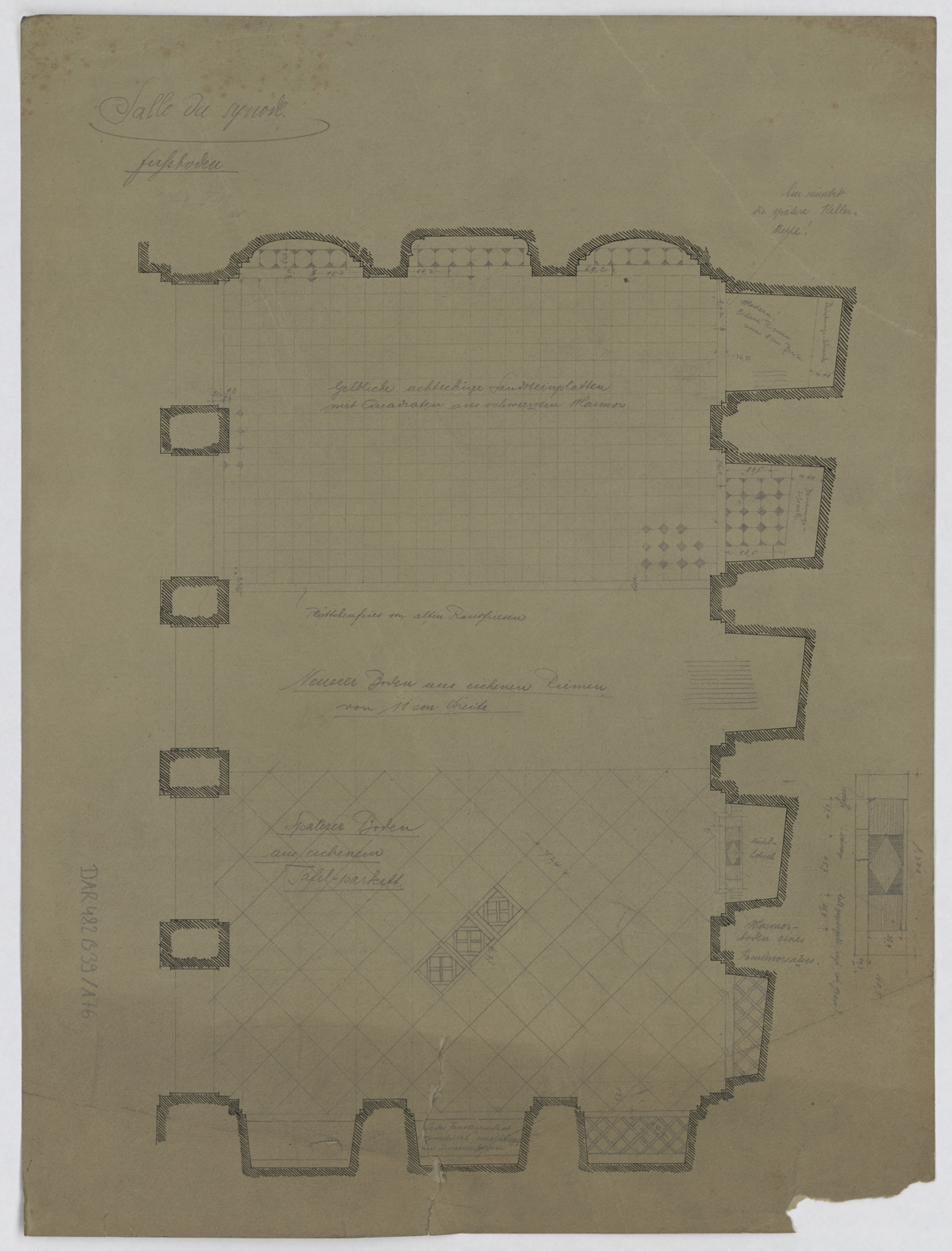 Salle des gardes, plan et détail du dallage.