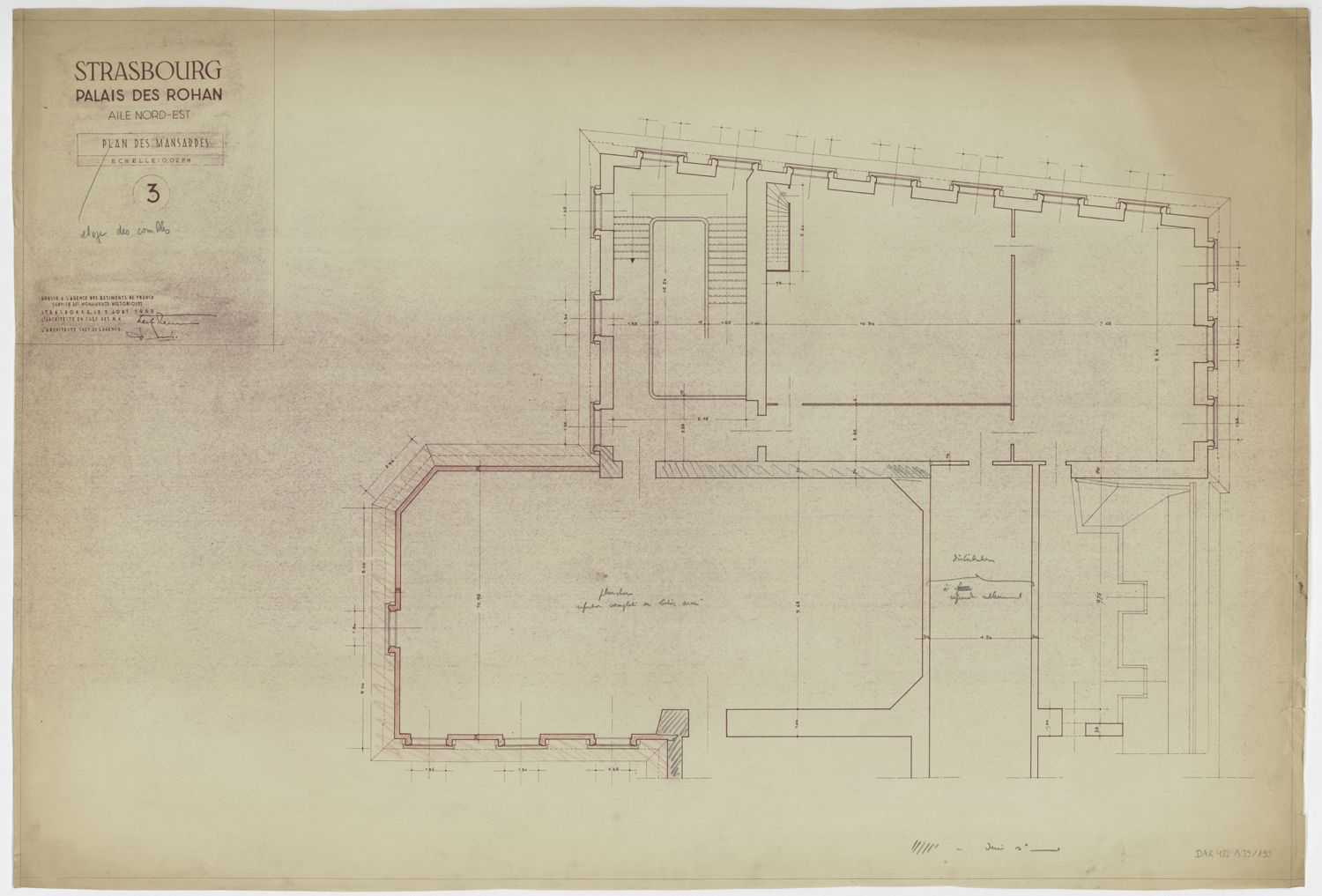 Travaux de restauration de l’aile nord-est, plan de masse des combles.