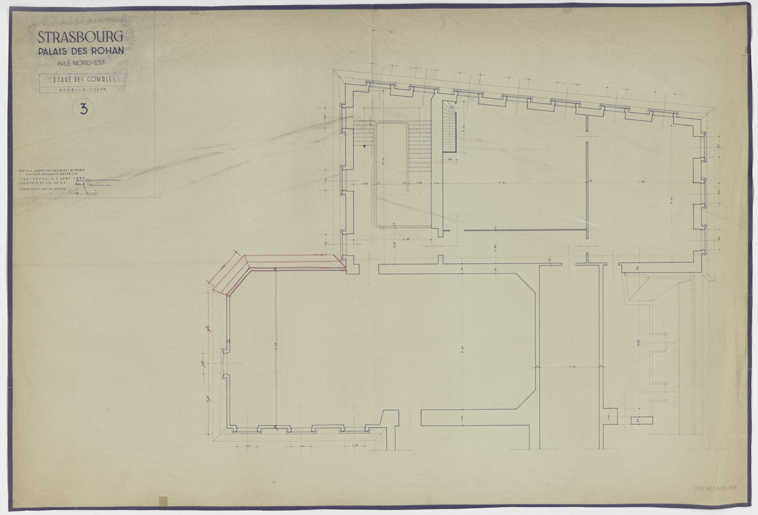 Travaux de restauration de l’aile nord-est, plan de masse des combles.