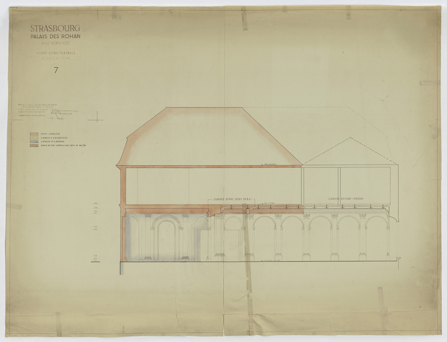 Travaux de restauration de l’aile nord-est, coupe longitudinale sur la salle des gardes.