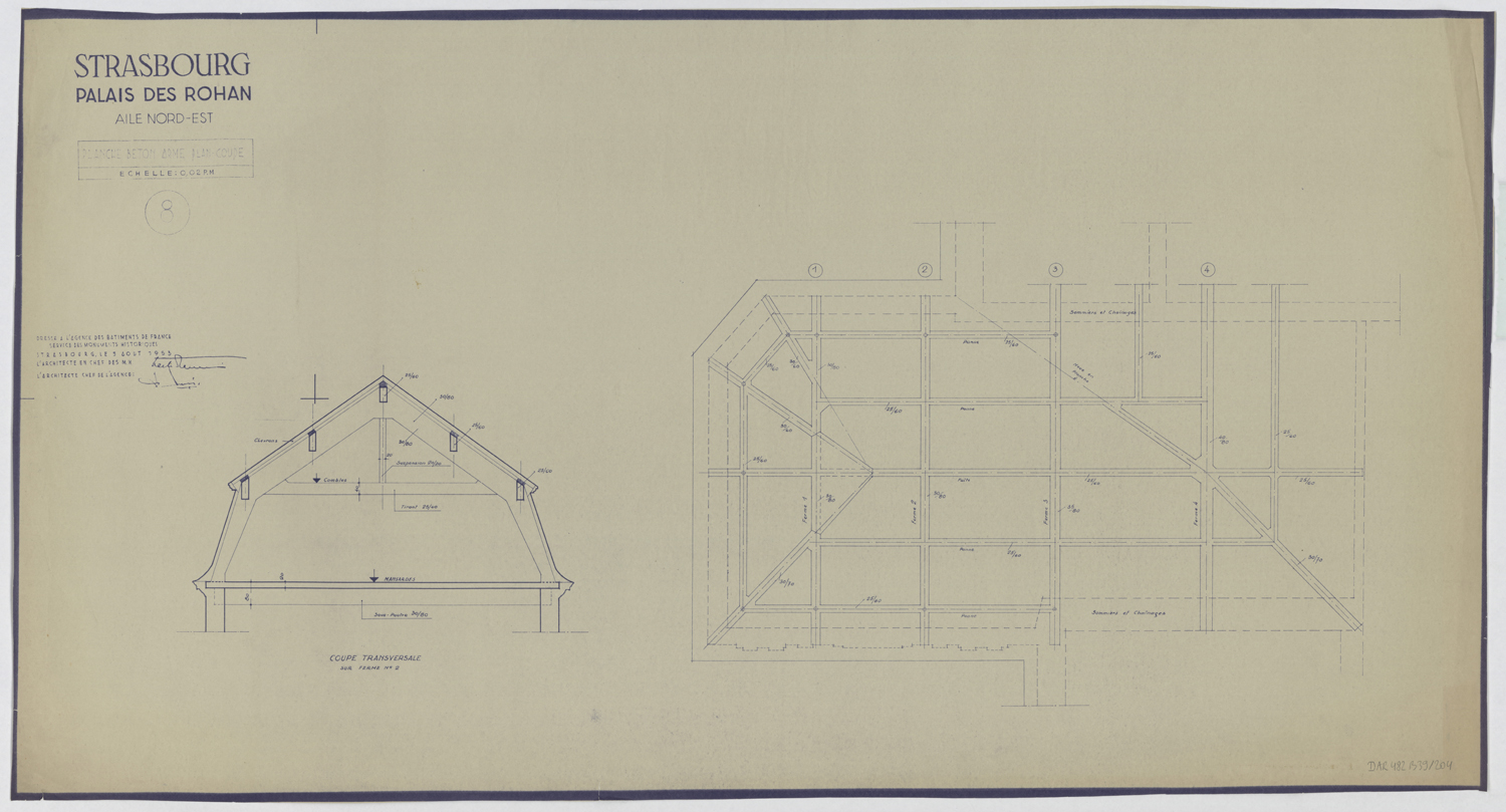 Travaux de restauration de l’aile nord-est, plan et coupe transversale sur la charpente en béton armé.