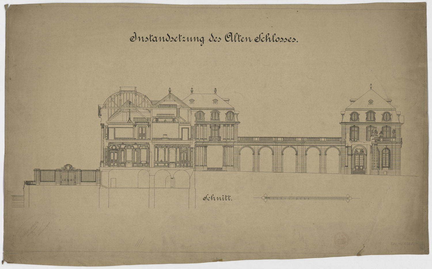 Cour d’honneur, élévation de la façade ouest et coupe transversale sur le corps de logis.