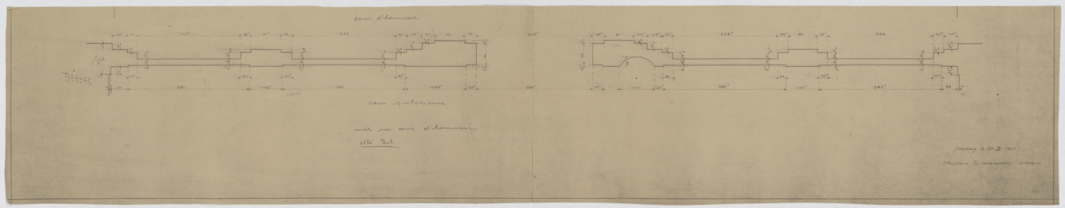 Façade est sur cour, sections du mur de séparation.