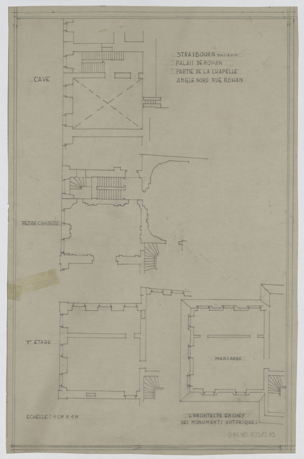 Chapelle, plans de masse par niveau de l’angle nord sur la rue Rohan.