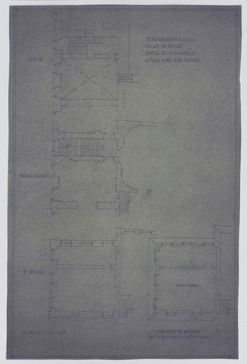 Chapelle, plans de masse par niveau de l’angle nord sur la rue Rohan.