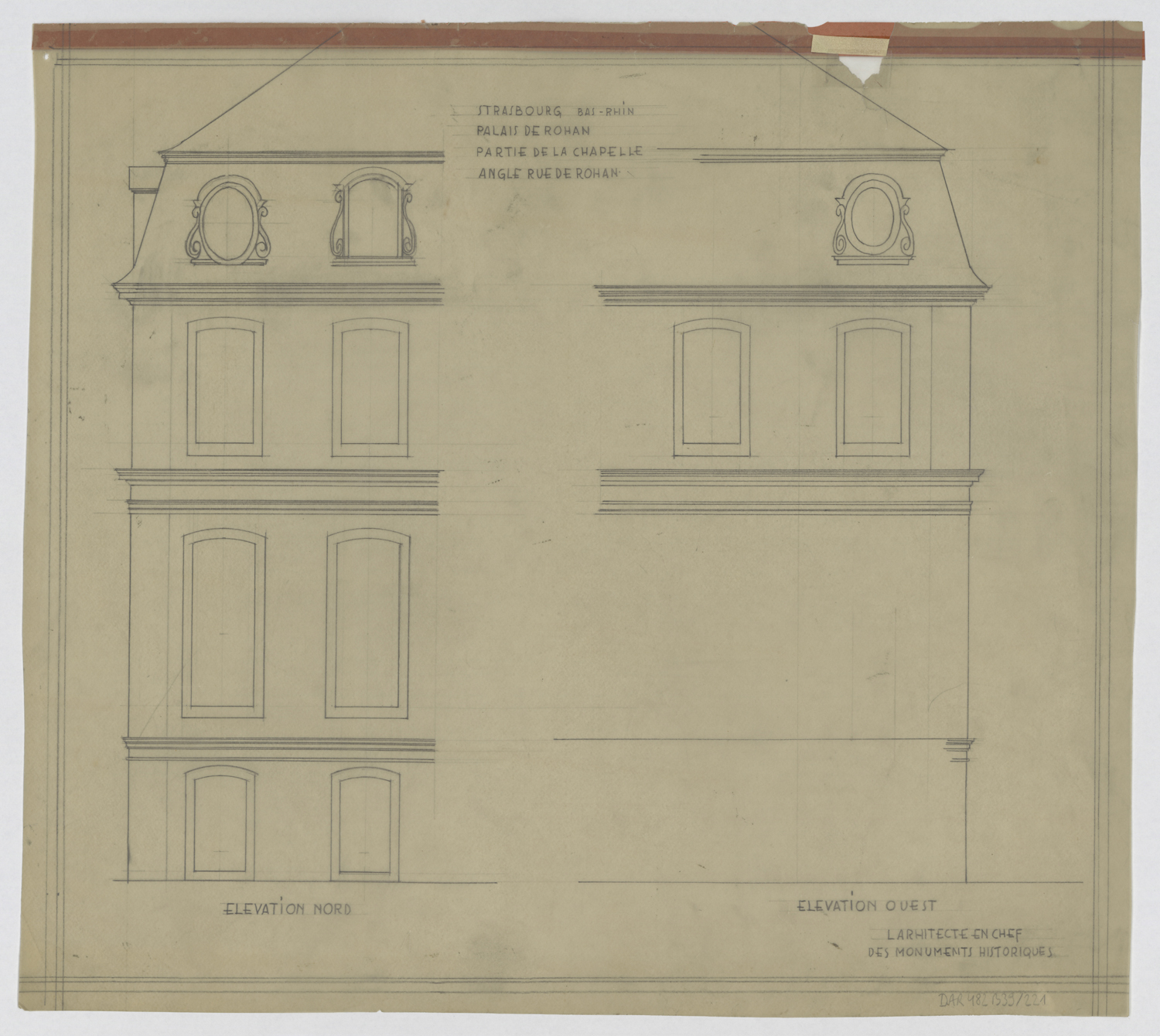 Chapelle, élévations des façades à l’angle de la rue Rohan.