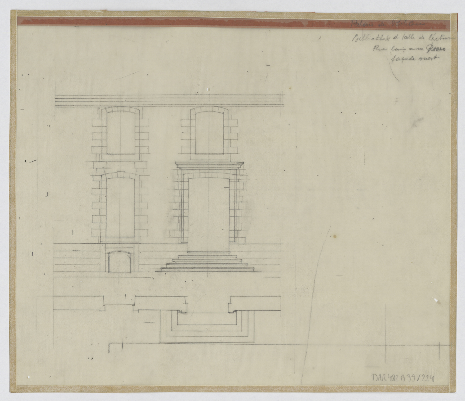 Façade ouest, plan du perron et élévation de l’entrée de la bibliothèque et de la salle de lecture.