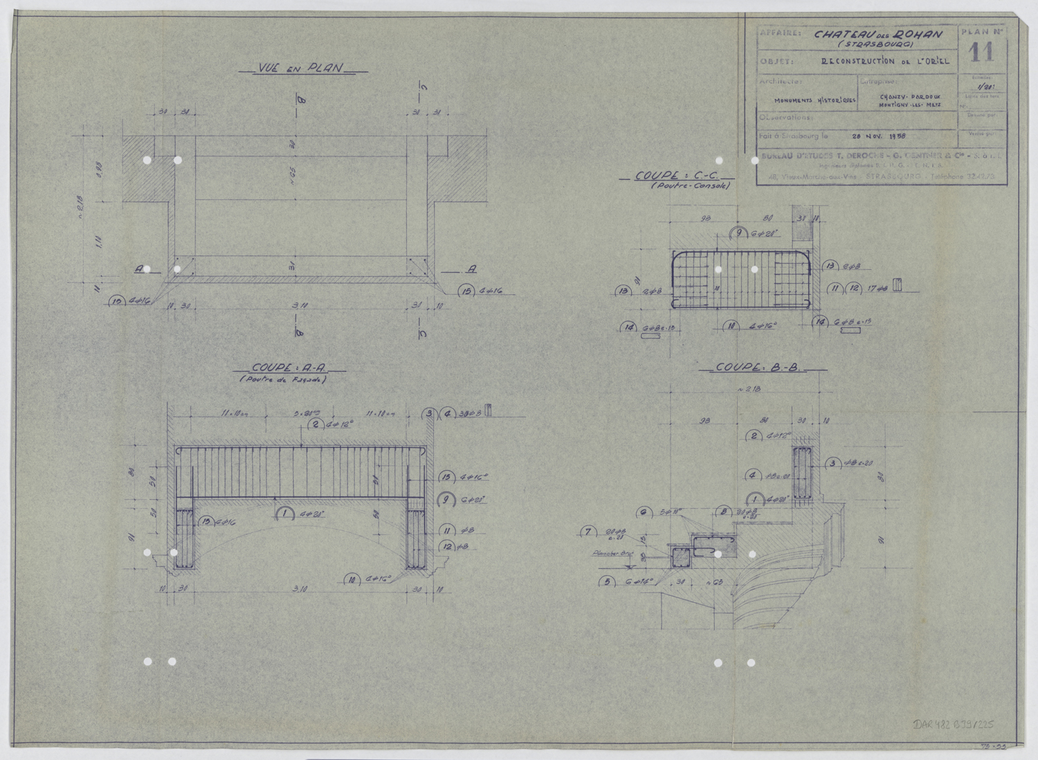 Reconstruction de l’oriel, plan de masse et coupes.