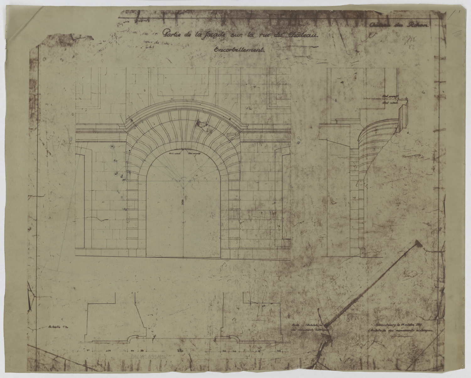 Façade ouest, plan de masse, élévation et coupe de l’encorbellement.