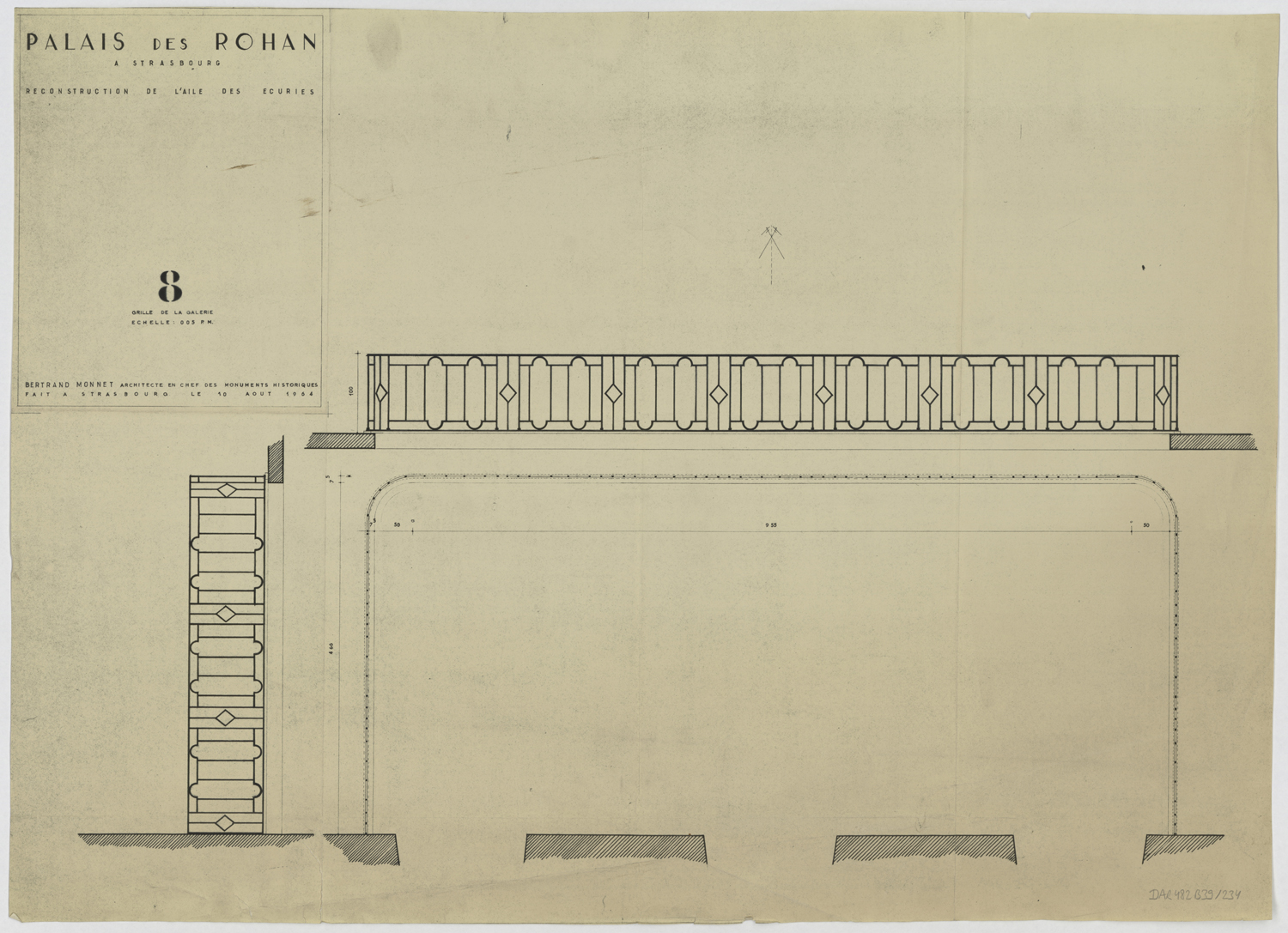 Reconstruction de l’aile des écuries, plan et élévations de la grille de la galerie.