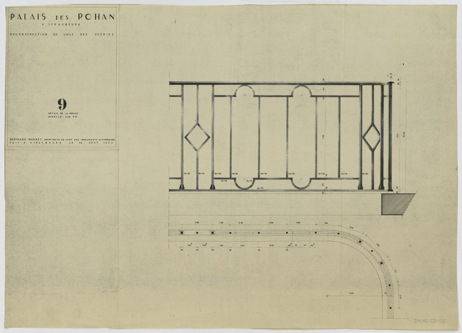 Reconstruction de l’aile des écuries, plan et élévation de la grille.