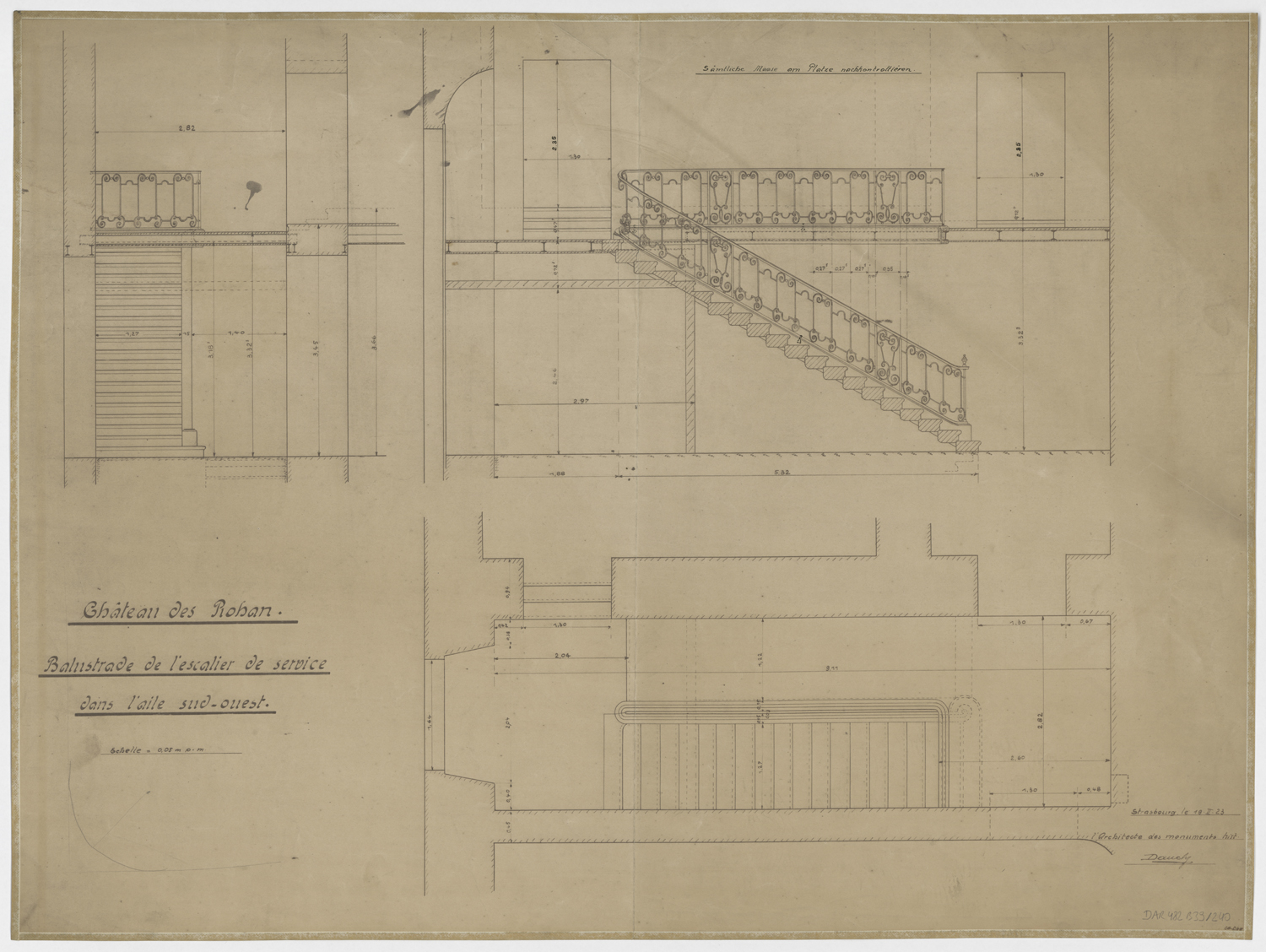 Aile sud-est, plan, élévation et coupe de la balustrade de l’escalier de service.