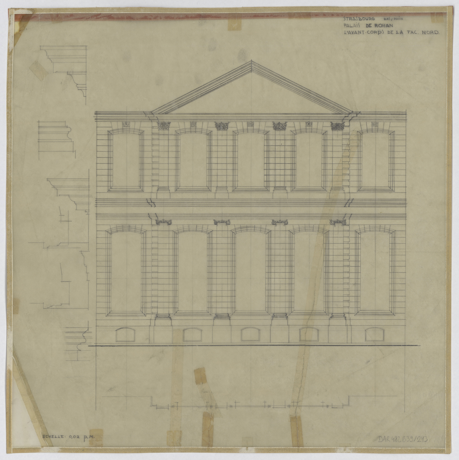 Avant-corps de la façade nord, élévation et détails.