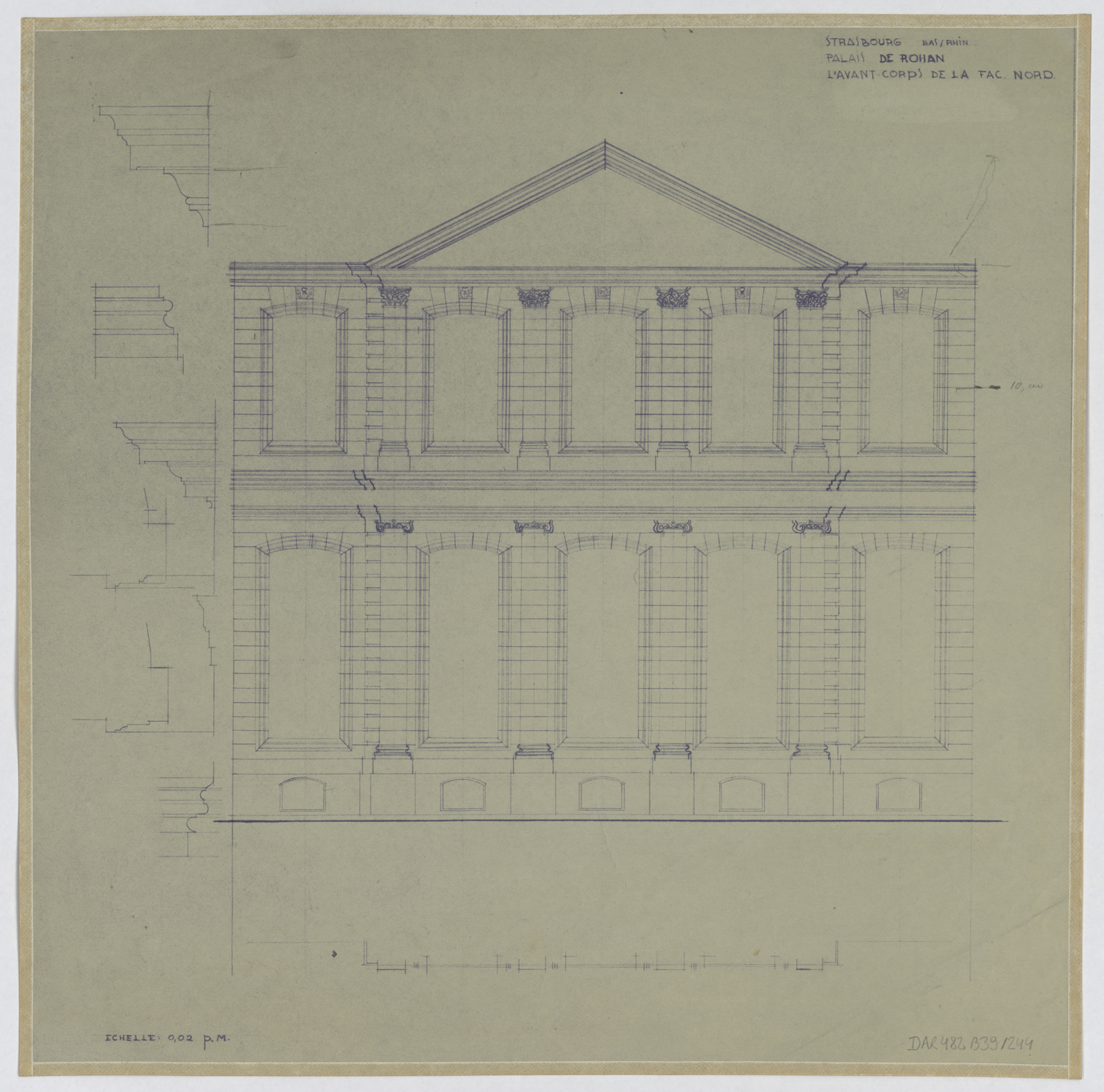 Avant-corps de la façade nord, élévation et détails.