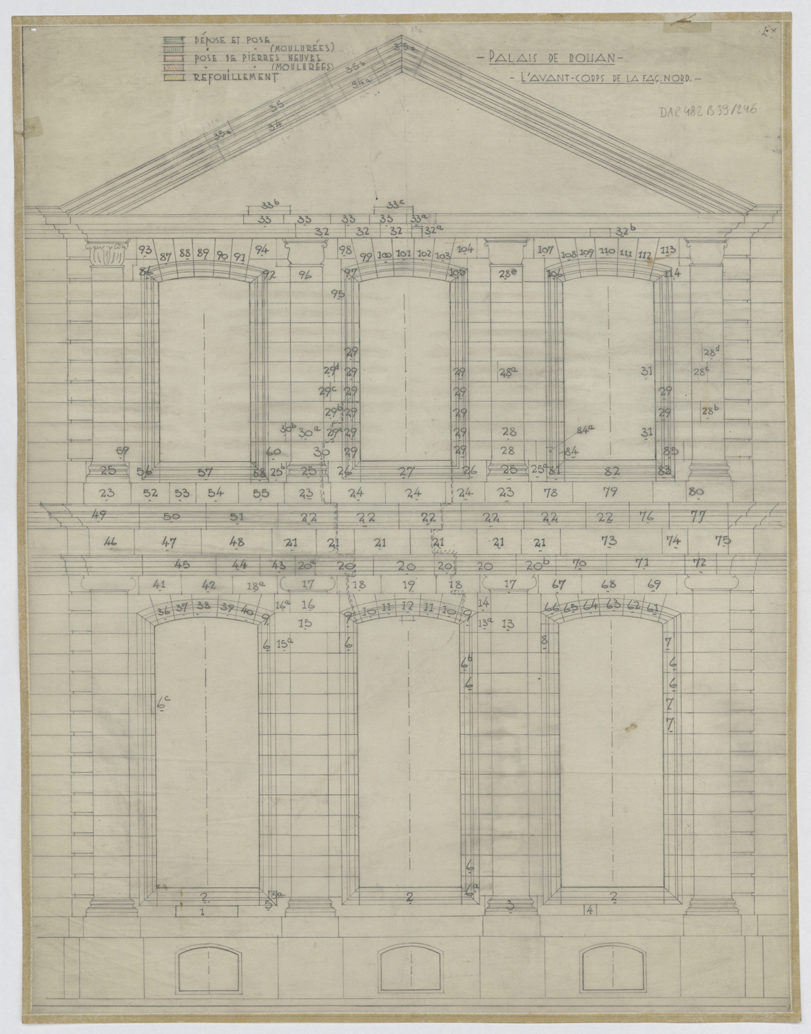 Projet de restauration, élévation de l’avant-corps de la façade nord.