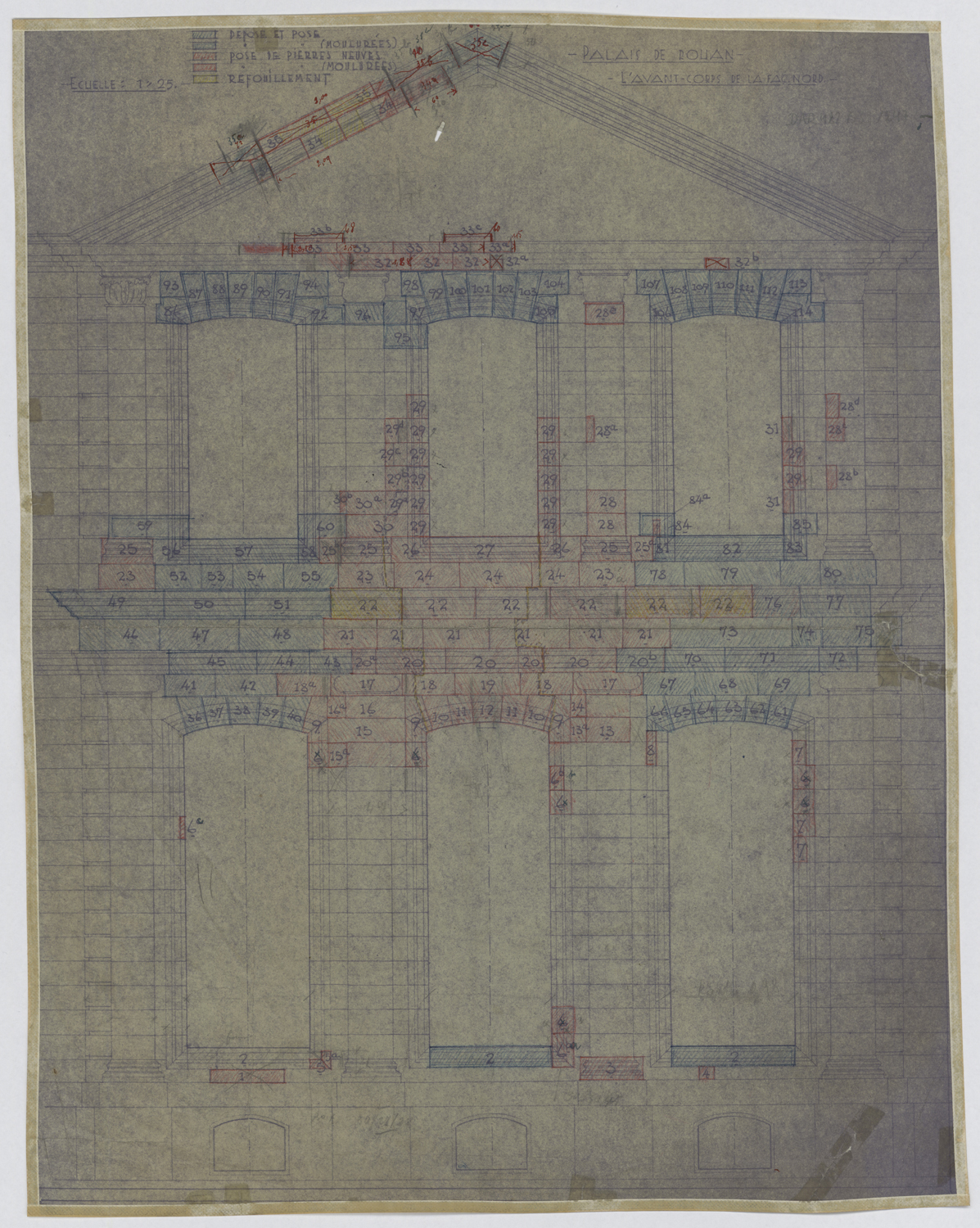 Projet de restauration, élévation de l’avant-corps de la façade nord.