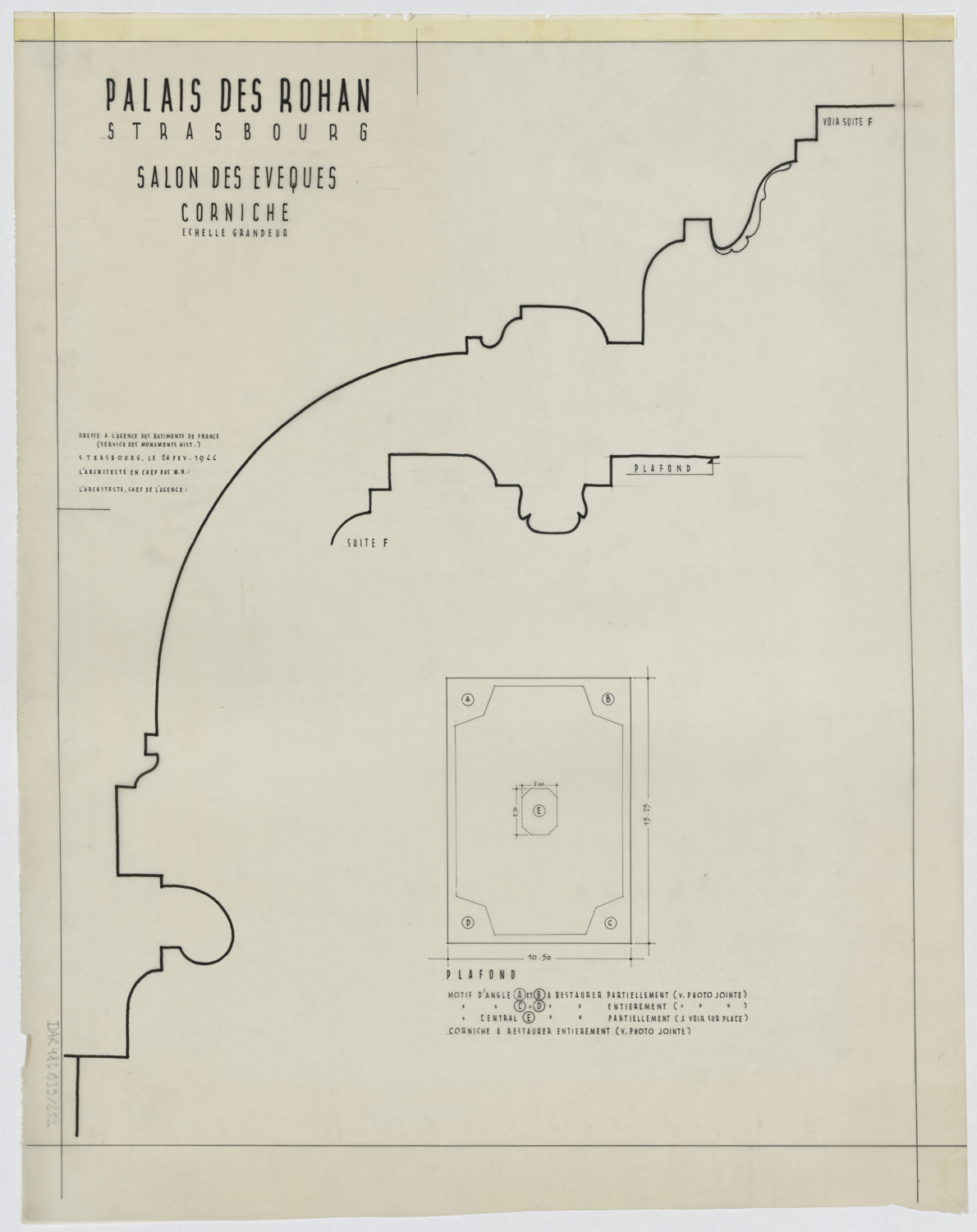 Projet de reconstitution du salon des évêques, plan et profil de la corniche.