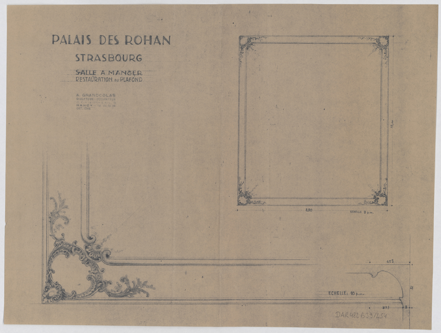 Projet de restauration de la salle à manger, élévations et détails du plafond.