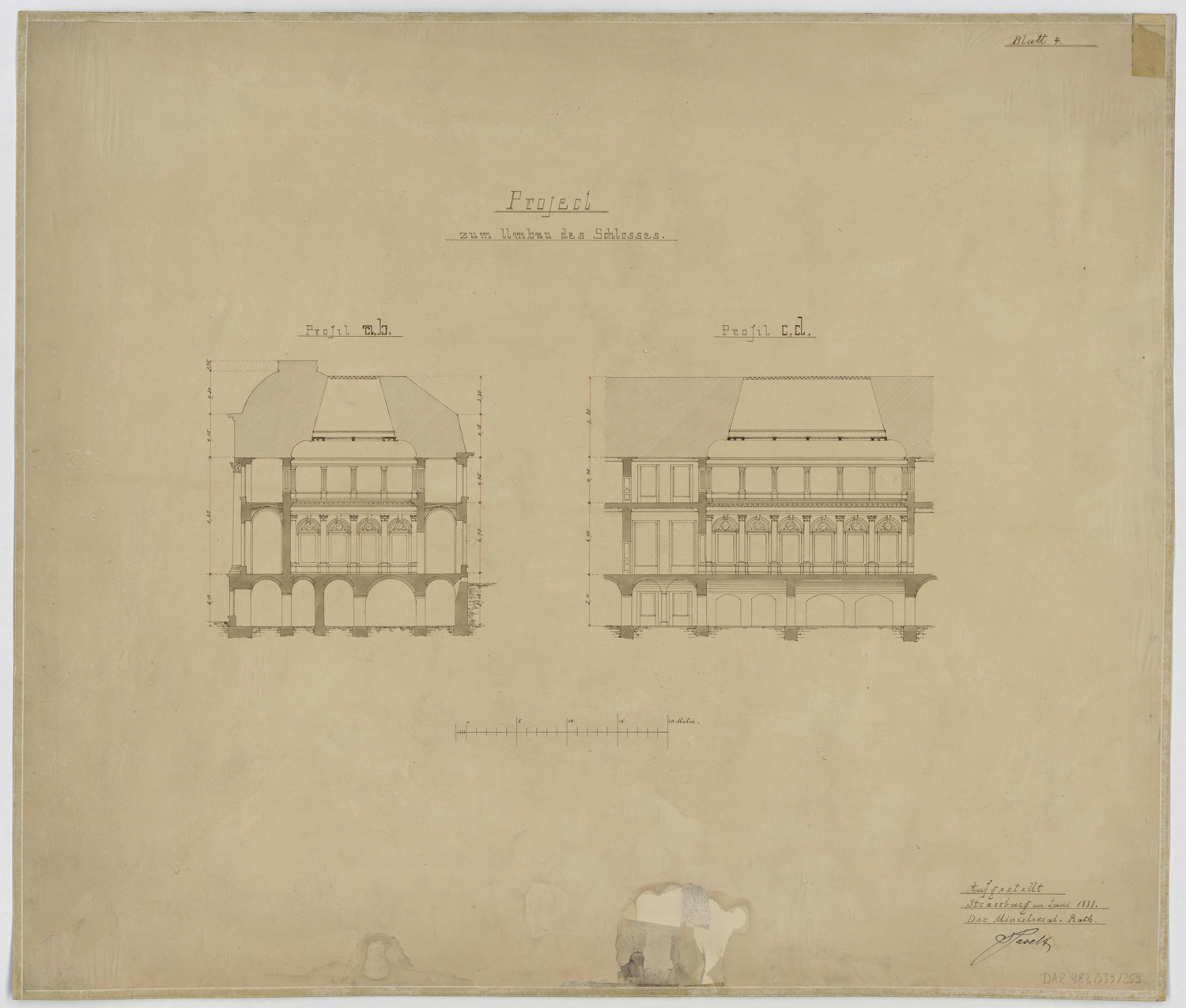 Projet de transformation du corps de logis, coupes transversale et longitudinale.