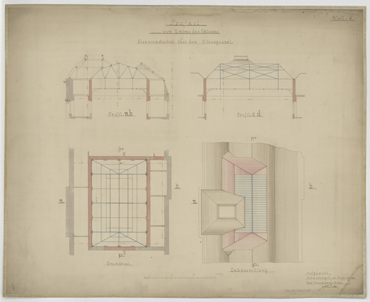 Projet de transformation de la salle d’audience, plans et coupes sur la charpente métallique.