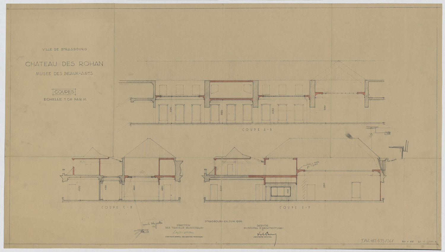 Transformation en musée des Beaux-Arts, coupes sur le corps de logis.