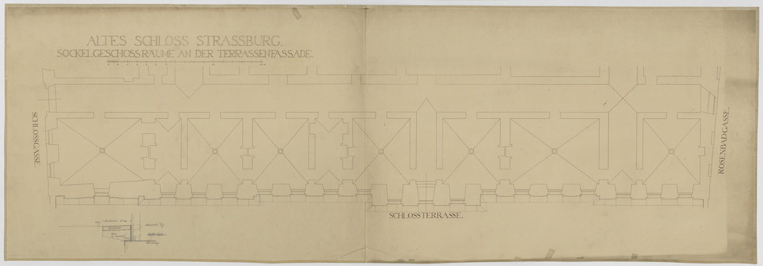 Façade sur cour, plan de masse de la terrasse et détail.