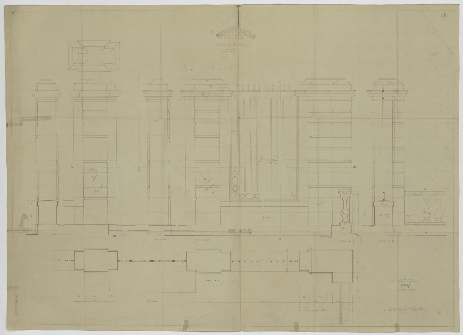 Terrasse sur l’Ill, plan, élévation et coupe du mur de clôture.