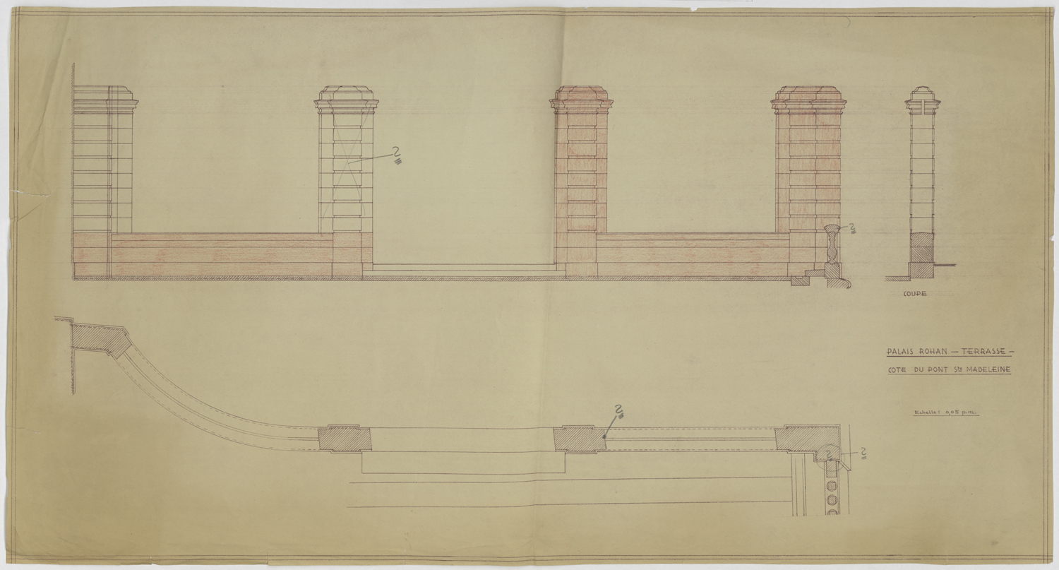 Terrasse sur l’Ill, plan, élévation et coupe du mur de clôture.