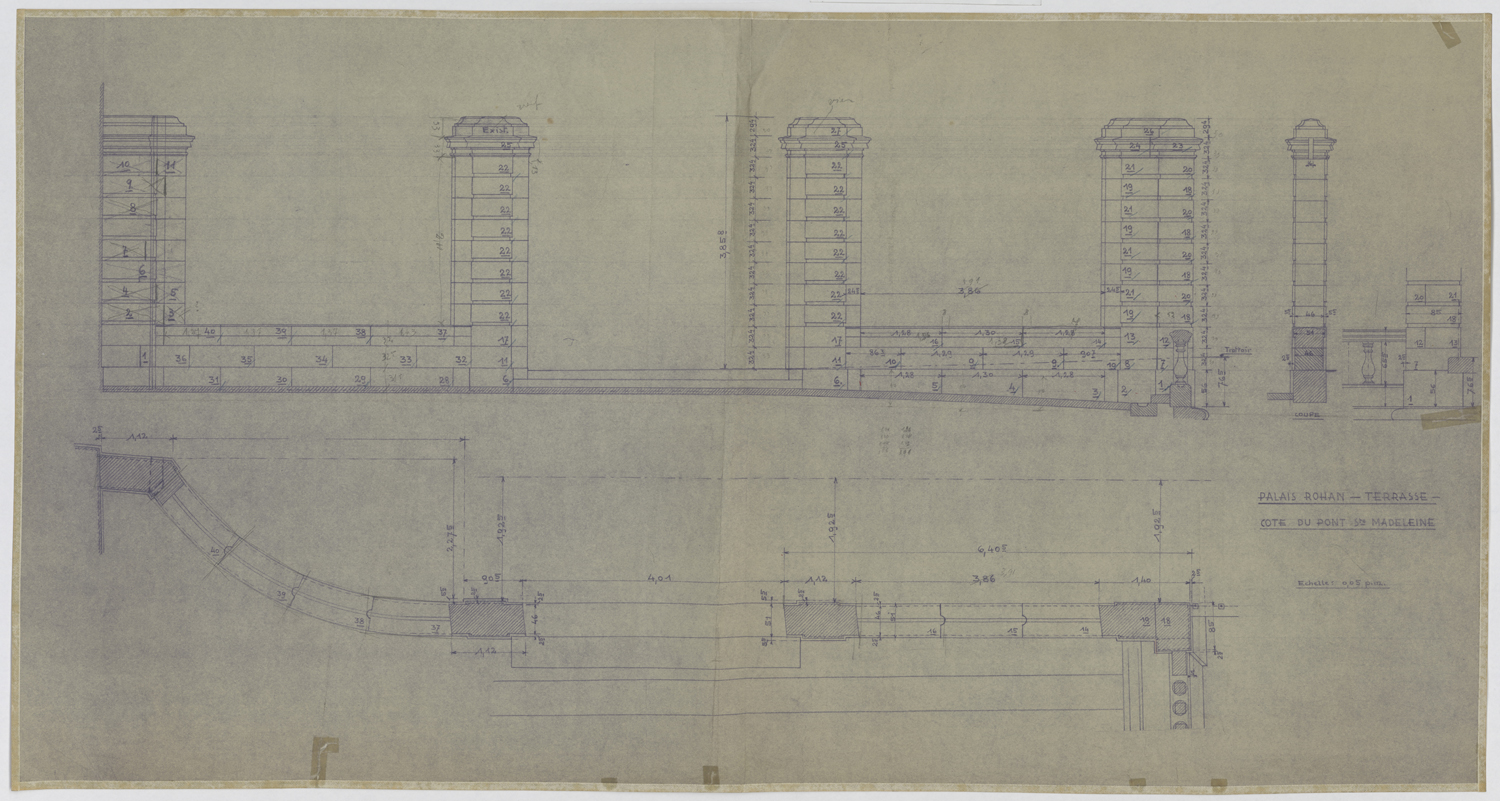 Terrasse sur l’Ill, plan, élévation et coupe du mur de clôture.