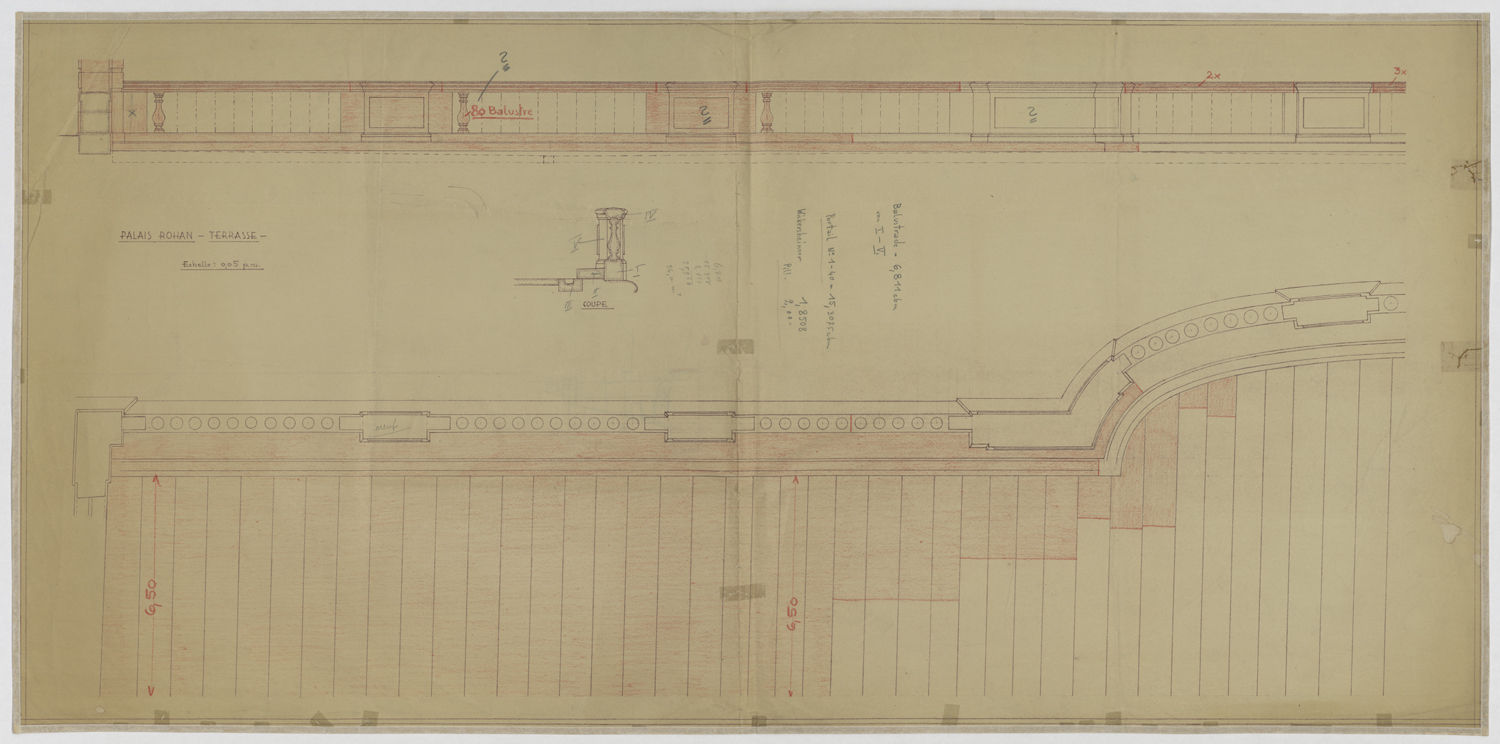 Terrasse sur l’Ill, plan, élévation et détail de la balustrade.