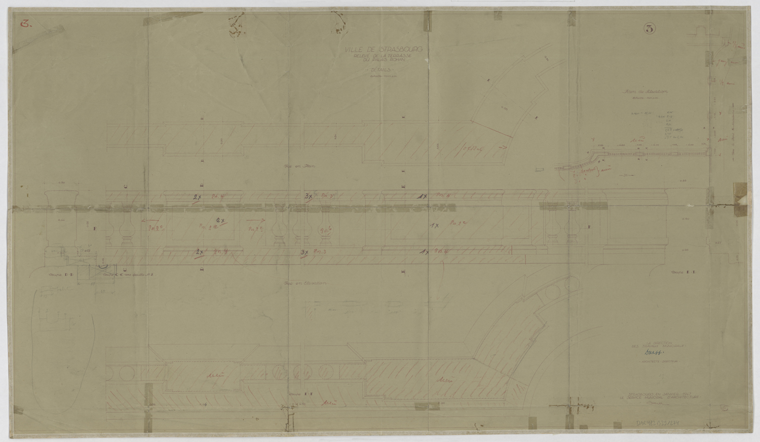 Terrasse sur l’Ill, plans et élévation de la balustrade.