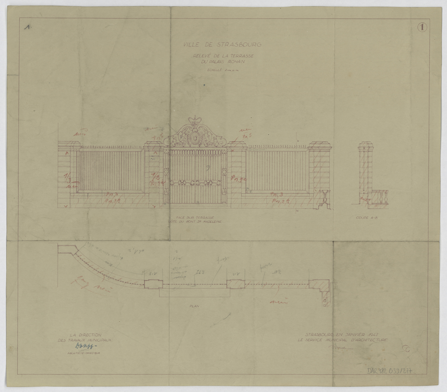 Terrasse sur l’Ill, plan, élévation et coupe du mur de clôture.