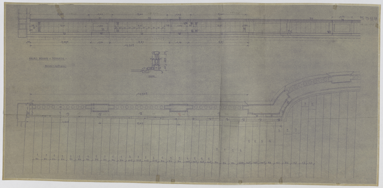 Terrasse sur l’Ill, plan, élévation et détail de la balustrade.