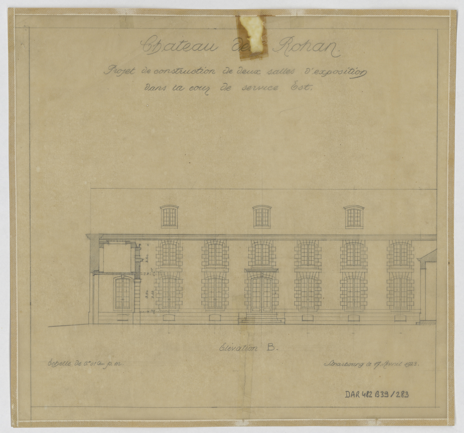 Projet de construction de deux salles d’exposition dans la cour est, élévation de la façade ouest.