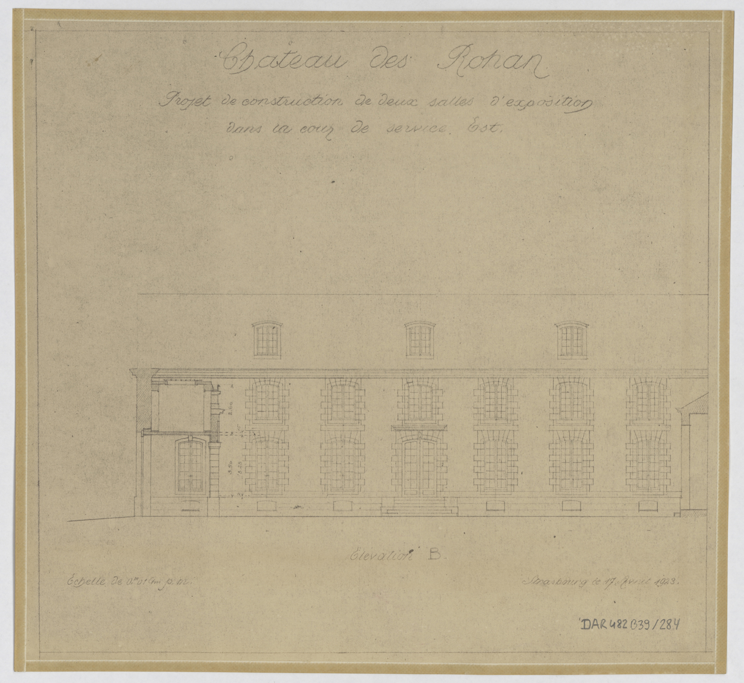 Projet de construction de deux salles d’exposition dans la cour est, élévation de la façade ouest.