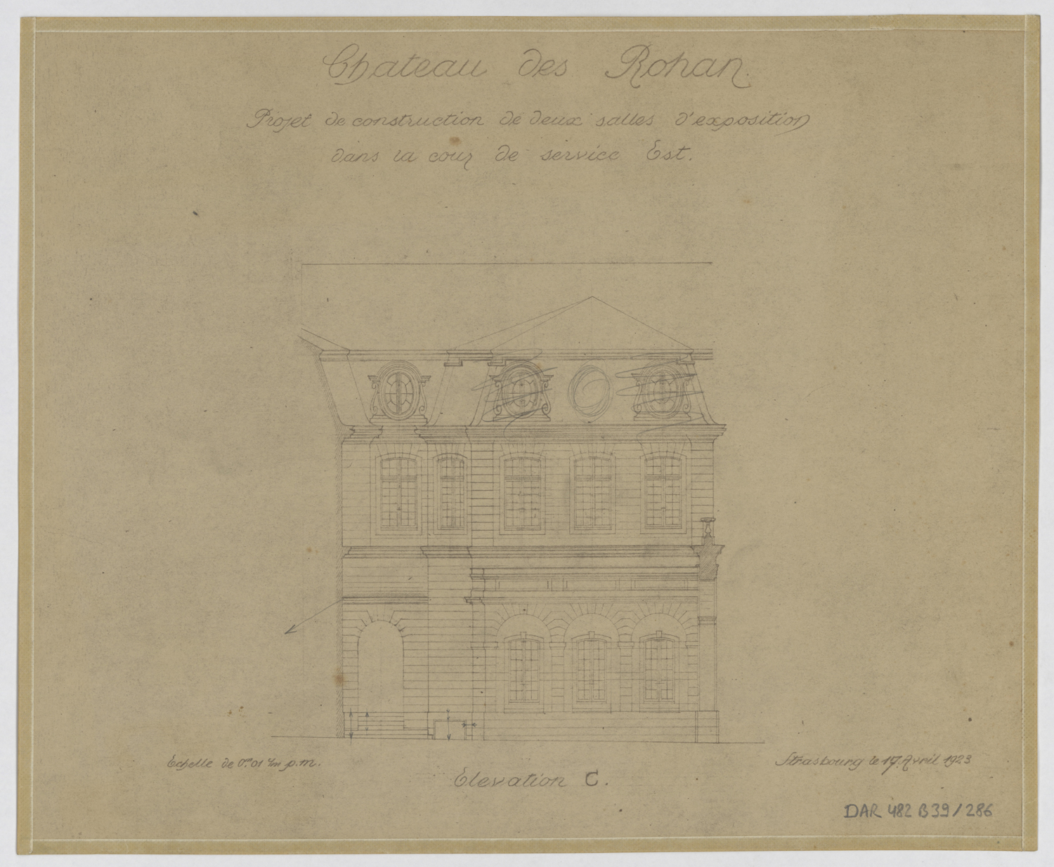 Projet de construction de deux salles d’exposition dans la cour est, élévation de la façade nord.