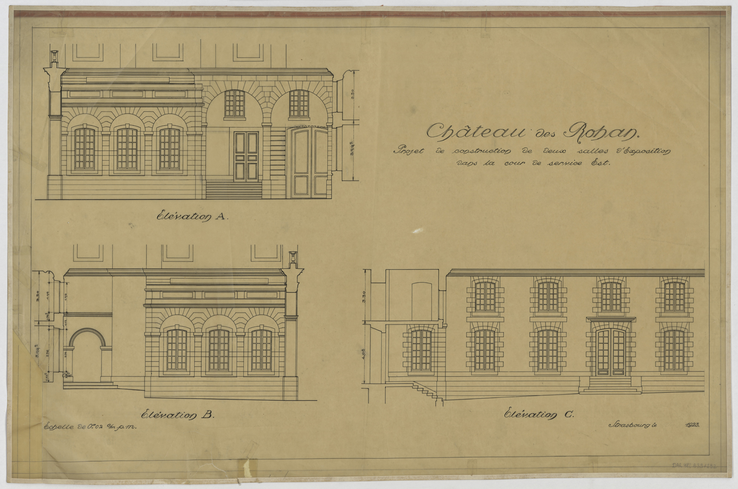 Projet de construction de deux salles d’exposition dans la cour est, élévations des façades.