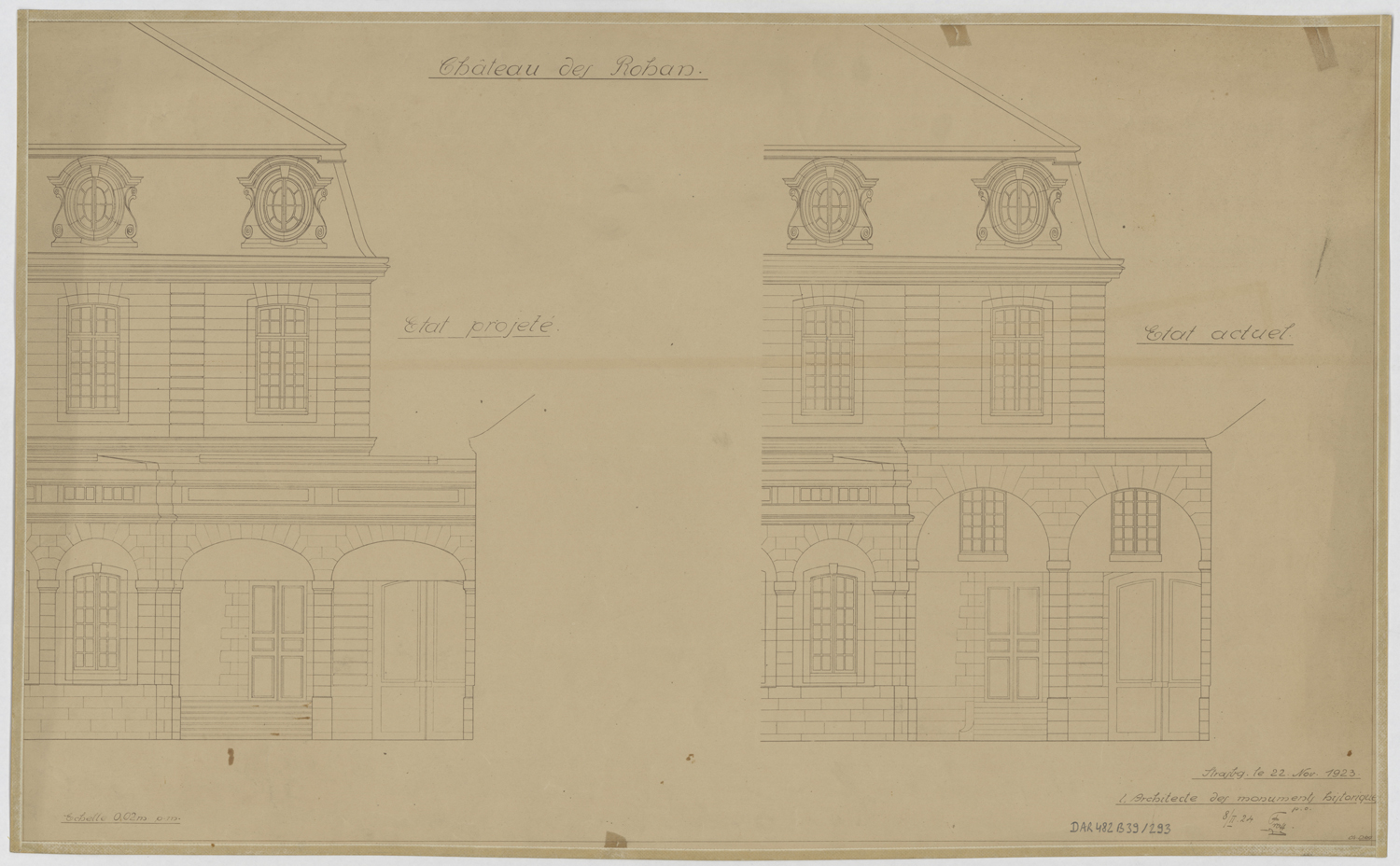 Projet de construction de deux salles d'exposition dans la cour est, élévations actuelle et projetée de la façade sud.